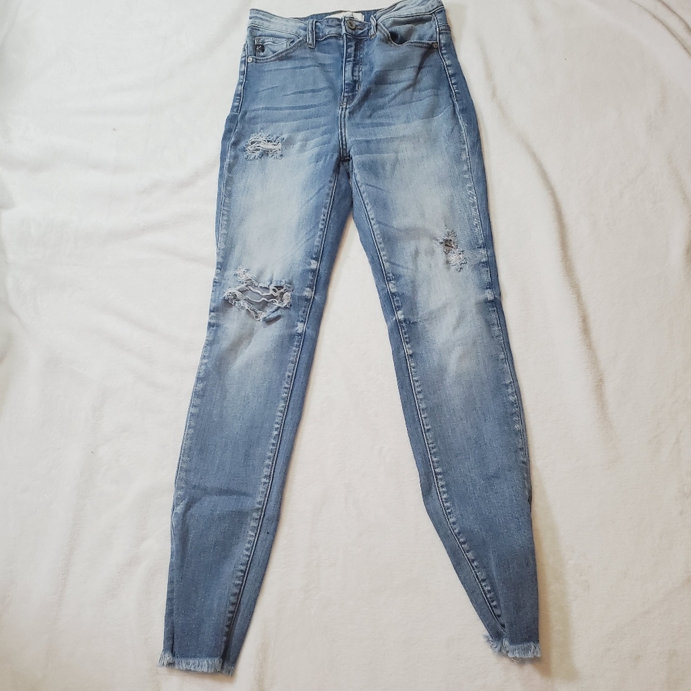 KanCan Jeans Women's Size 3 Blue Mid-Rise Skinny Denim 27" Inseam Distressed EUC